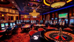 Exciting casino gaming scene showcasing GG88 with players at poker and slots.