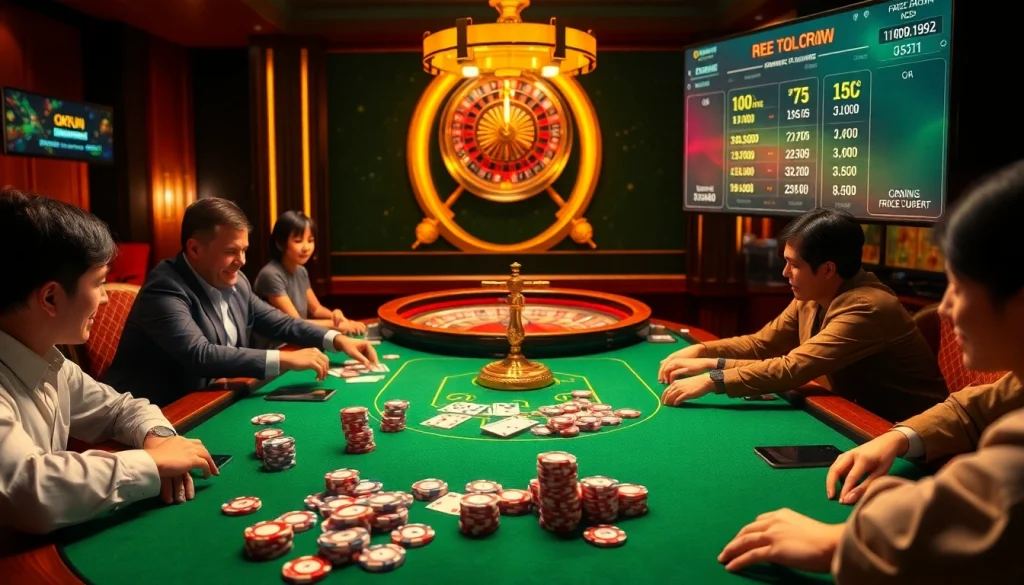 Engaging casino scene showcasing Okfun with poker, roulette, and vibrant betting activities.