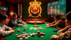 Engaging casino scene showcasing Okfun with poker, roulette, and vibrant betting activities.
