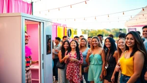 Rent a Photo Booth at a lively outdoor event with guests enjoying the vibrant scene.