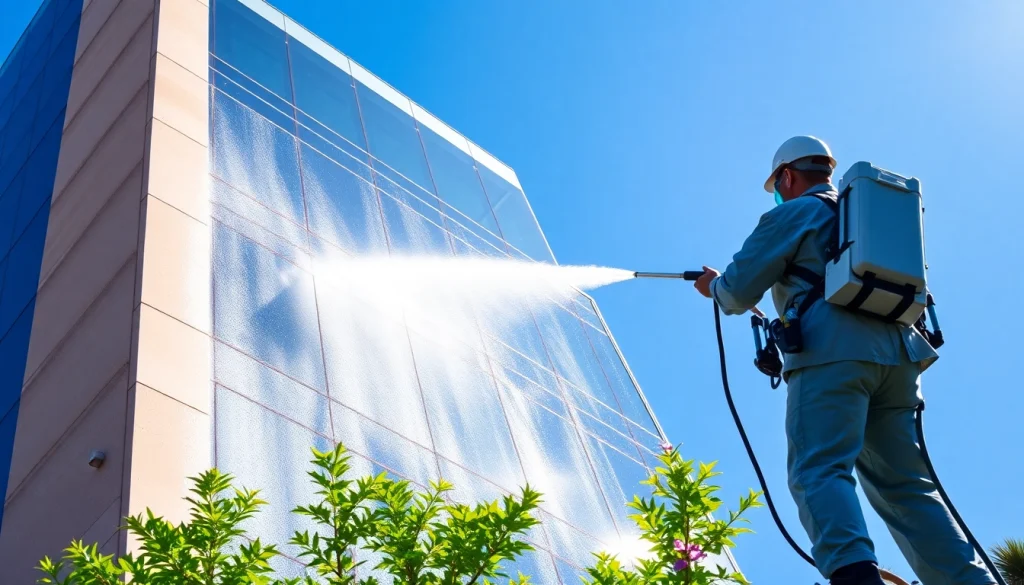 Effective čiščenje fasade by professionals, showcasing advanced cleaning techniques on a high-rise building.