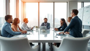 Business team collaborating in a modern setting with city skyline backdrop.