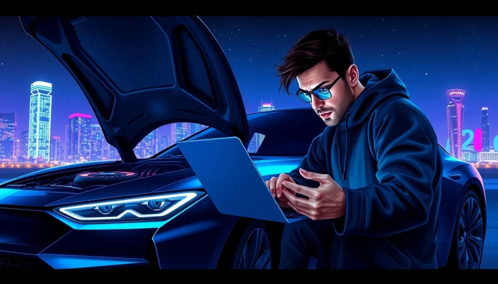 Visualizing car hacking insights at https://car-hack-world.com featuring a hacker and a futuristic car.