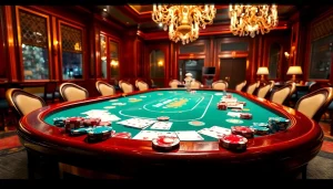 Experience thrilling gameplay at vn168 casino with poker chips and cards in an upscale setting.