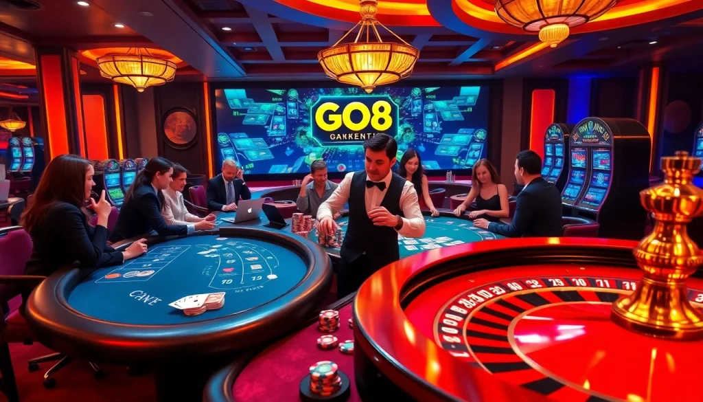 Experience the excitement of GO8 at a vibrant casino with players and gaming tables.