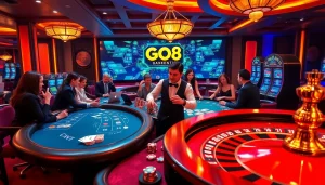 Experience the excitement of GO8 at a vibrant casino with players and gaming tables.