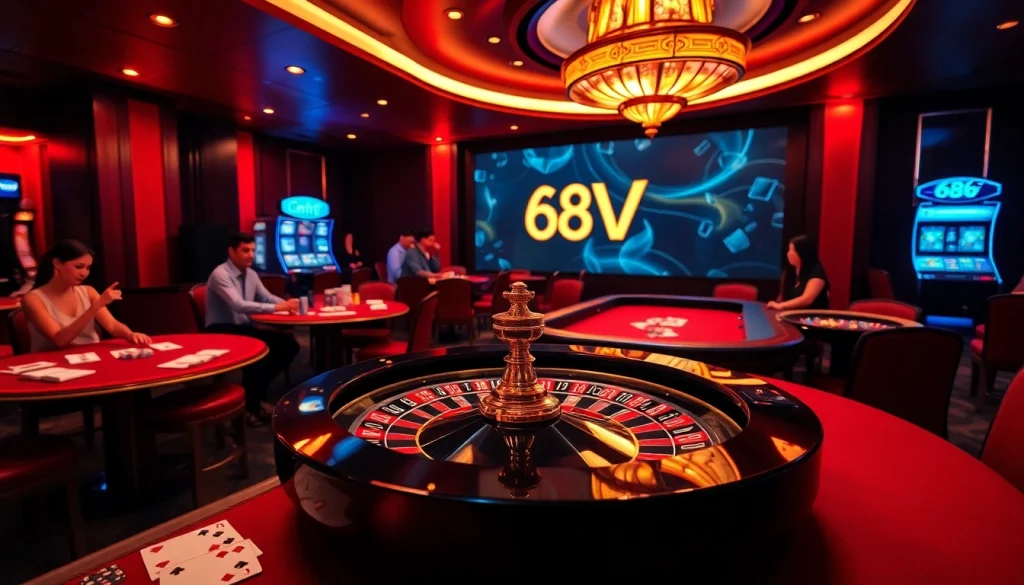 Engage in thrilling gaming at 688V with vibrant casino tables and classic gambling icons.