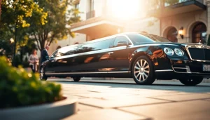 Experience luxurious transportation with our limousine service near me, showcasing an elegant vehicle outside a high-end hotel.