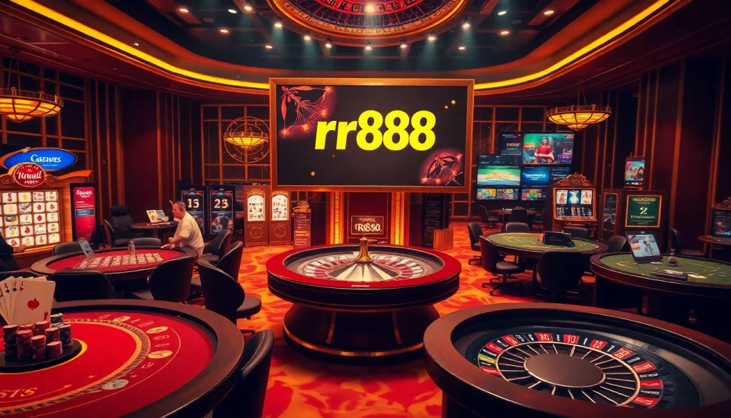 Players enjoying games at RR88 casino, featuring poker chips, cards, and roulette.