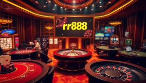 Players enjoying games at RR88 casino, featuring poker chips, cards, and roulette.