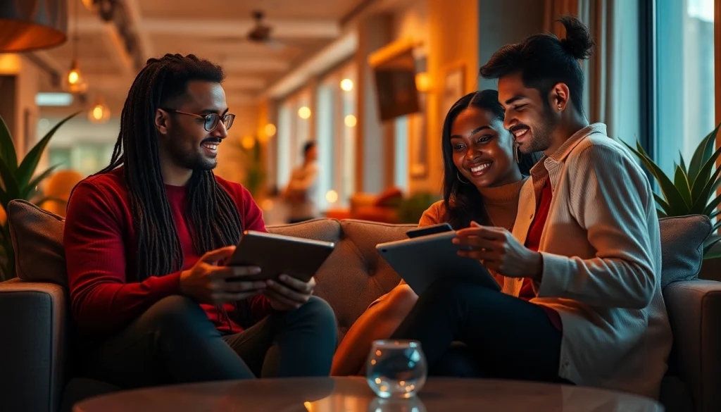 An engaging lounge scene illustrating couples interacting with sex AI chatbots, highlighting modern technology and intimacy.