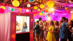 Rent a Photo Booth featuring a lively setup with guests enjoying themselves at an event.