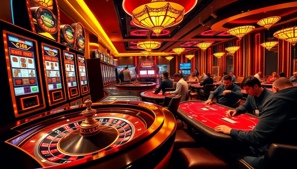 Players enjoy high-stakes gaming featuring C168-themed poker chips in an upscale casino.