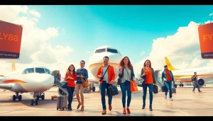 Exciting airport scene showcasing FLY88 apparel amidst travelers and airplanes.