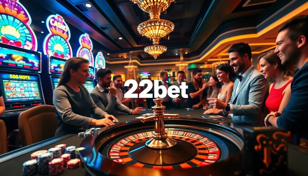 Experience the thrill of 22bet with players engaging at a modern casino table surrounded by vibrant slot machines.