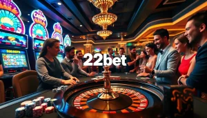 Experience the thrill of 22bet with players engaging at a modern casino table surrounded by vibrant slot machines.