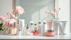 K Beauty hudvårdsprodukter elegant uppställda på ett sminkbord, som förmedlar fräschör och lugn.