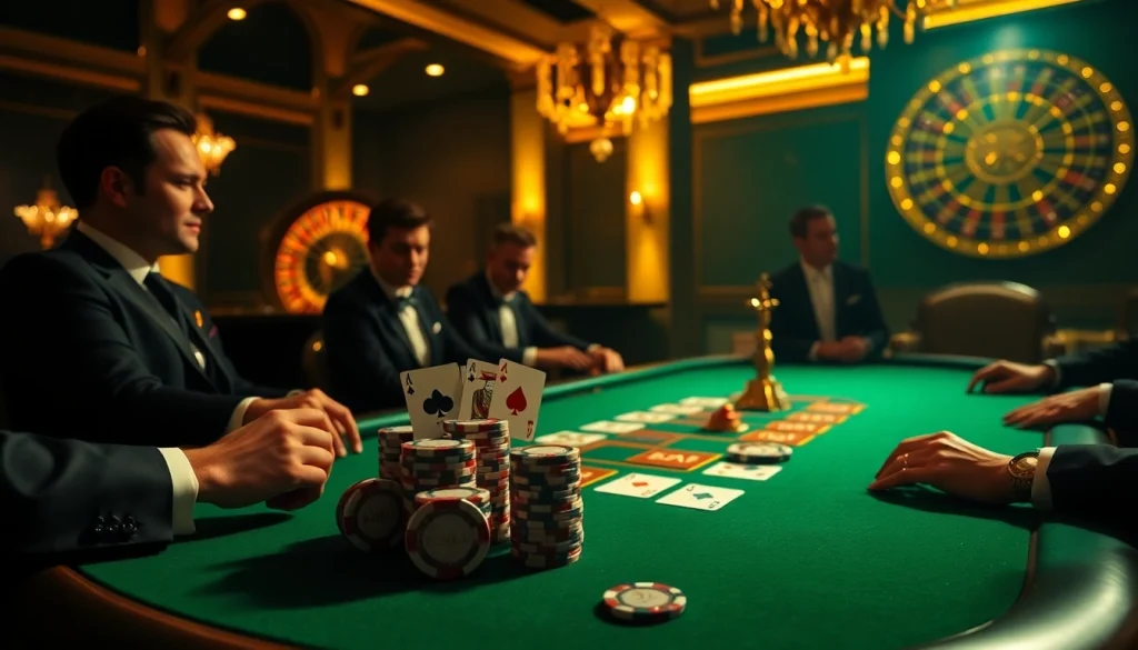 Players strategizing at a GO8 poker table in a luxurious casino setting.