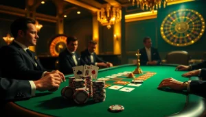 Players strategizing at a GO8 poker table in a luxurious casino setting.