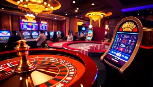 Fly88 lively casino atmosphere with roulette wheel, poker chips, and vibrant slot machines.