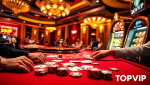 TOPVIP gamblers place bets at a luxurious poker table in an upscale casino scene.