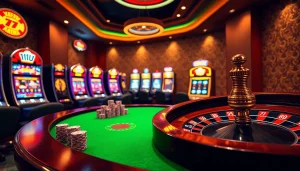 Exciting scene featuring 11UU casino slot machines and a professional poker table.