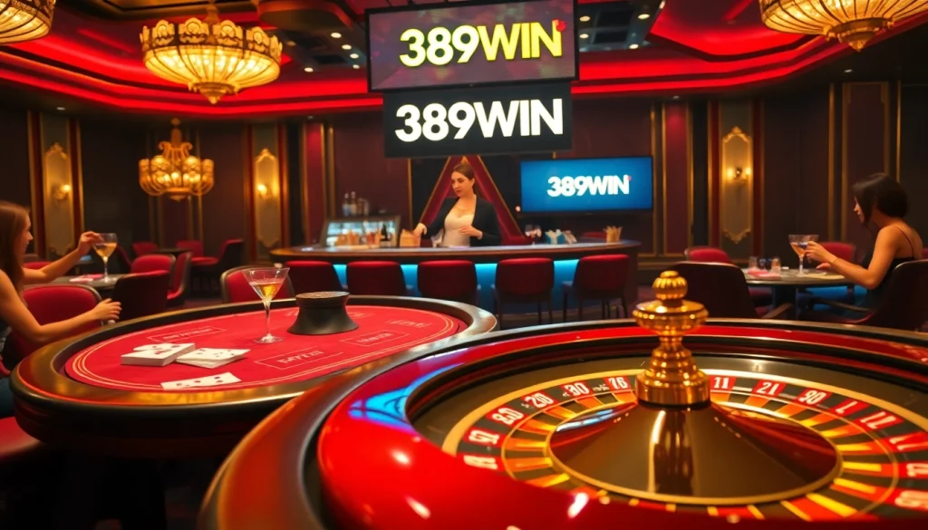 Engaging casino scene featuring 389WIN logo, poker table, roulette wheel, and lively atmosphere.