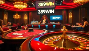 Engaging casino scene featuring 389WIN logo, poker table, roulette wheel, and lively atmosphere.