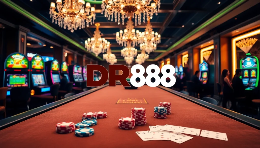Experience thrilling gameplay at DR88's upscale online casino with vibrant poker chips and luxurious slot machines.