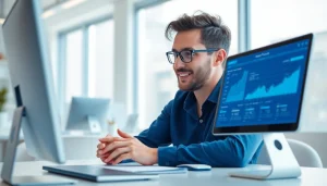 Engage with https://benchbot.ai, a user testing a conversational AI platform in a bright office.