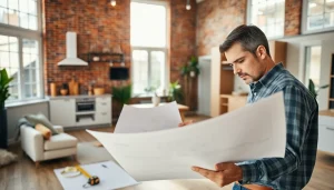 Showcase home renovation work with a contractor examining blueprints in a bright, modern living space.