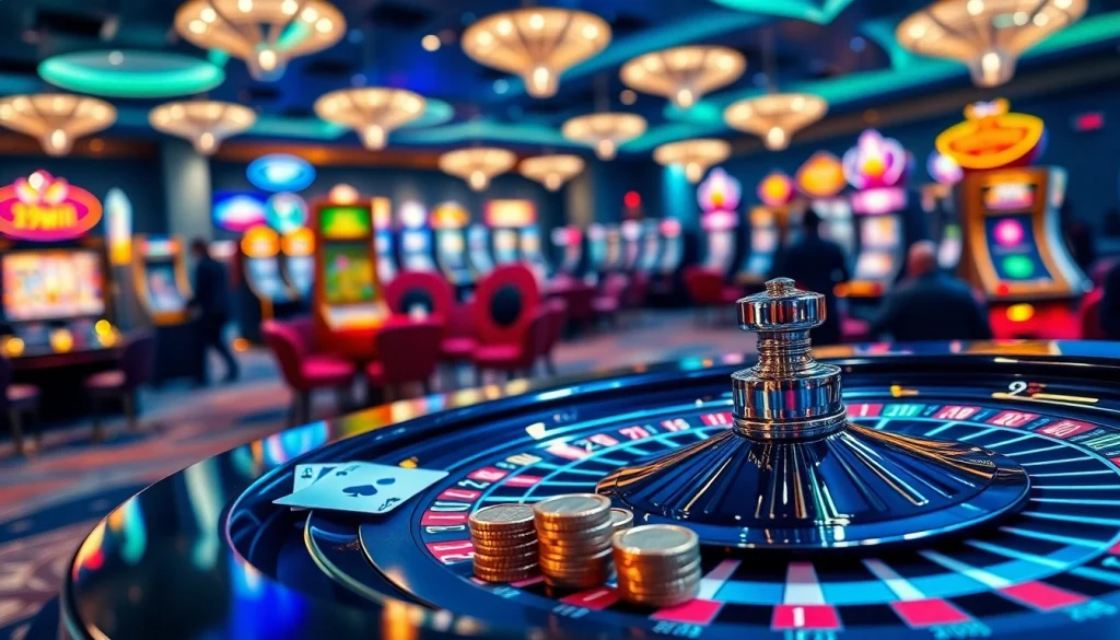 Experience the thrill of gaming at 99win with luxurious casino elements like roulette wheels and poker tables.