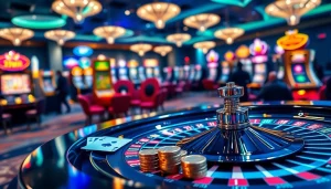 Experience the thrill of gaming at 99win with luxurious casino elements like roulette wheels and poker tables.