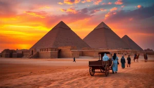 Experience the majestic Pyramids of Giza featured on https://emegypt.net with vibrant sunset hues.