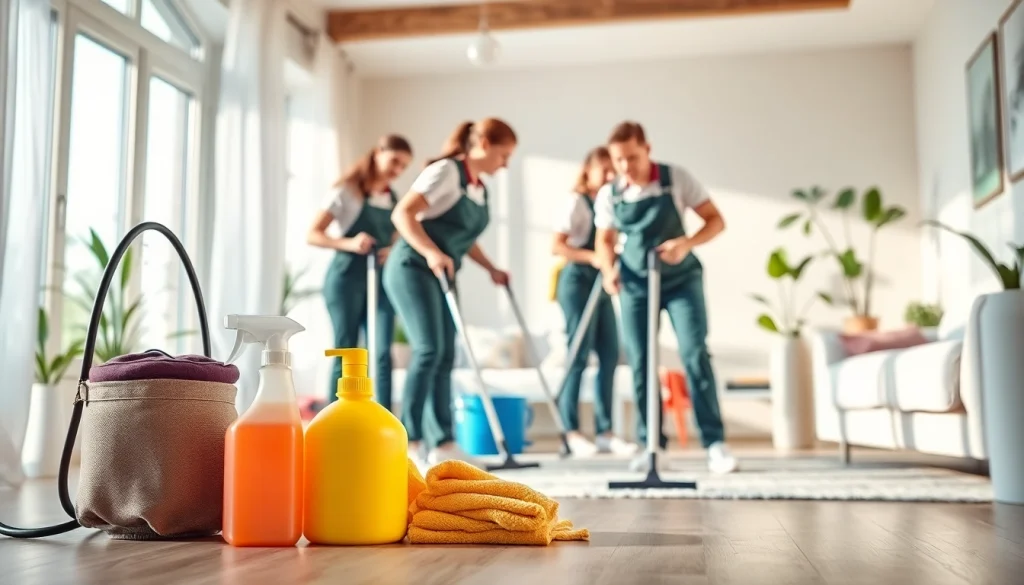 Engaged cleaning service team providing professional cleaning in a modern home setting.