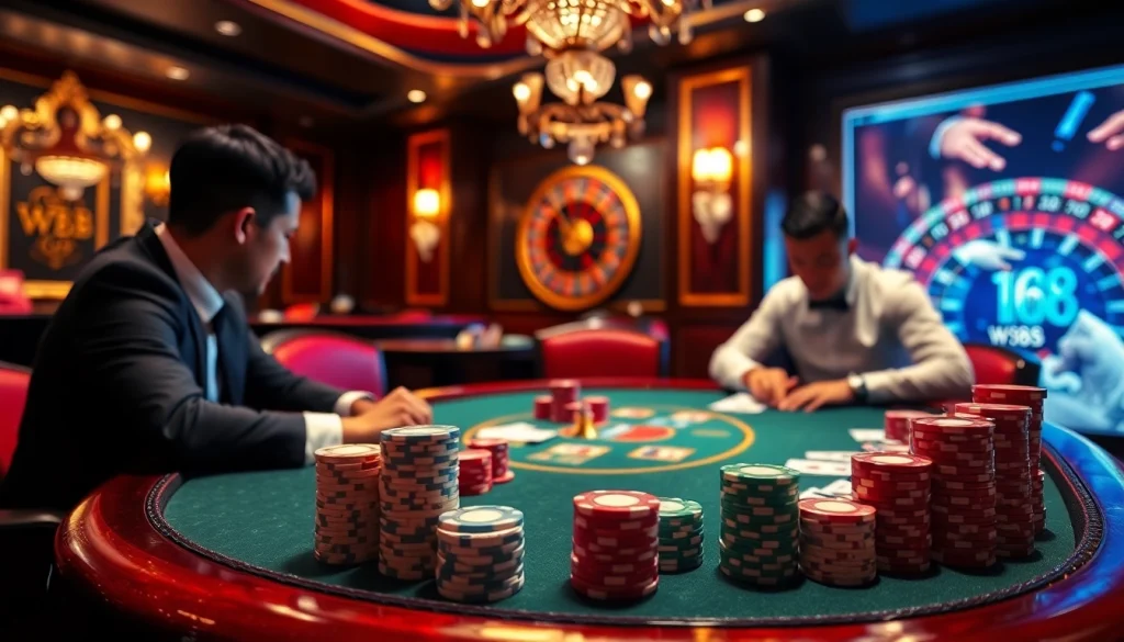W88 players engaging at a high-stakes poker table in a luxurious casino setting.