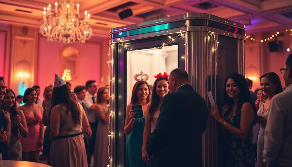 Rent a Photo Booth for a fun-filled event with guests enjoying props in a lively setting.