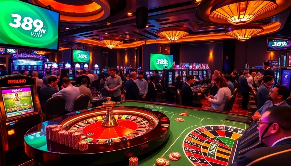 Players enjoying a luxurious gaming experience at 389WIN online casino with vibrant slot machines and poker tables.