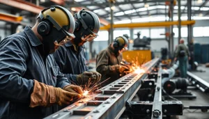 Capturing structural steel fabrication in a vibrant workshop with skilled craftsmen at work.