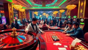 Engaging players at Nhà cái ZB368's luxurious casino with roulette, poker, and vibrant slot machines.