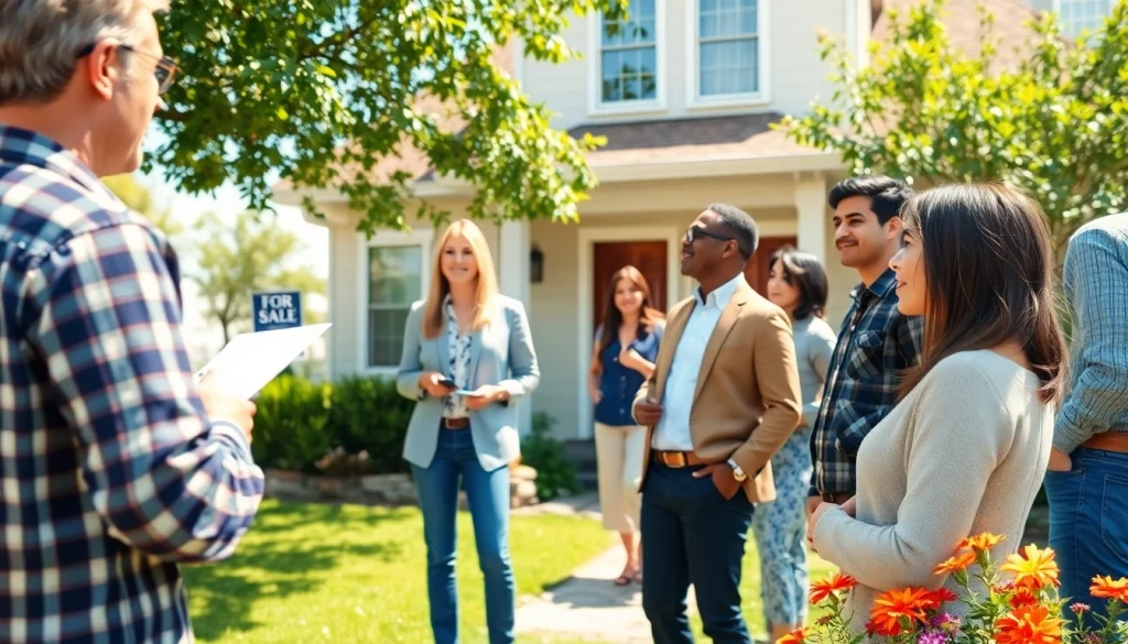 Real Estate professional showcasing a house to potential buyers, emphasizing home attraction.