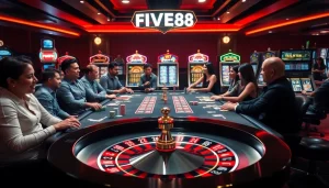 Experience thrilling casino action at FIVE88 with vibrant poker chips and roulette excitement.