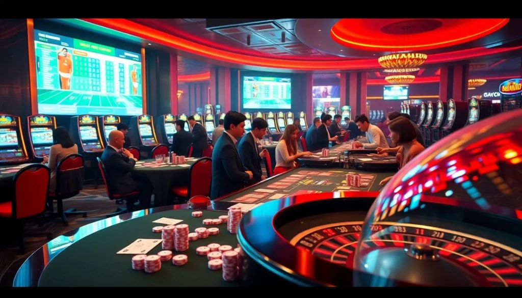 Experience the thrill of đá gà trực tiếp thomo in a vibrant casino scene filled with betting slips and excited gamblers.
