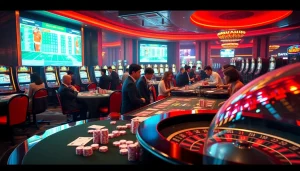 Experience the thrill of đá gà trực tiếp thomo in a vibrant casino scene filled with betting slips and excited gamblers.