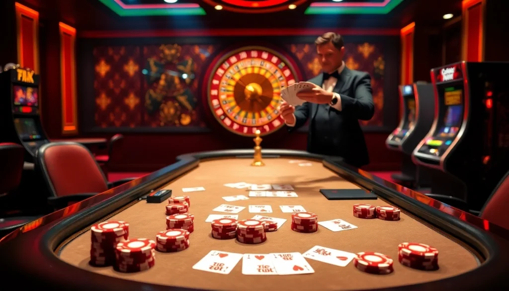 Trải nghiệm sự phấn khích của Tik 88 với những chiếc chip poker sang trọng và các yếu tố sòng bạc xa hoa trong cảnh chơi game đầy động lực này.