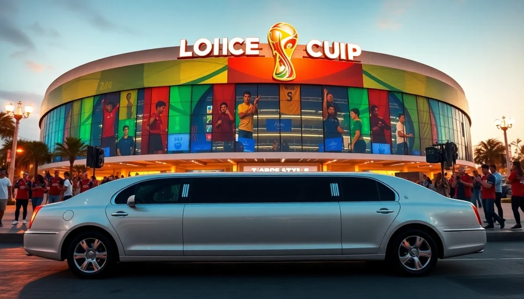 World Cup Group Transportation in luxury limousines outside a major Los Angeles stadium.