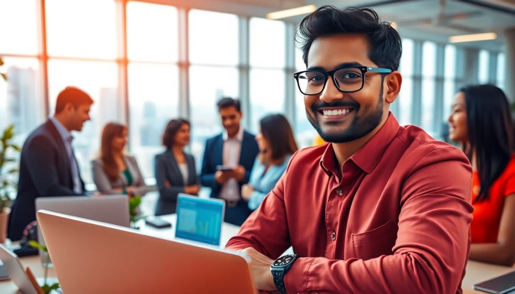 Inspiring portrait of an indian entreprenure leading in a vibrant workspace.