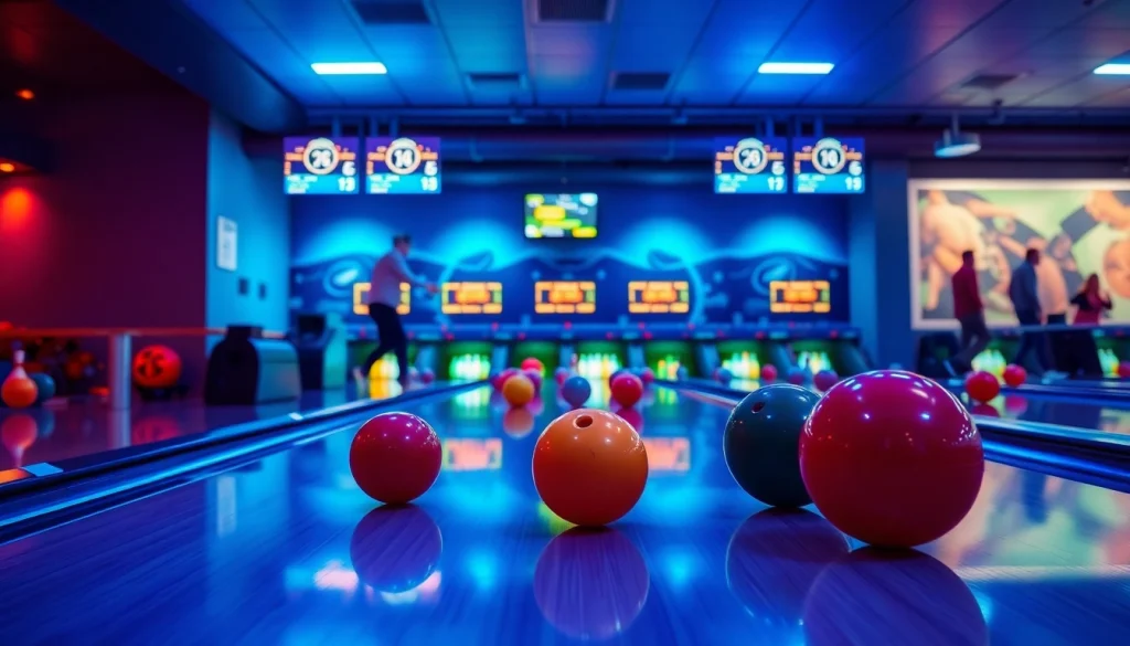 Dynamic scene of a bowling equipment manufacturer showcasing advanced bowling lanes and equipment.