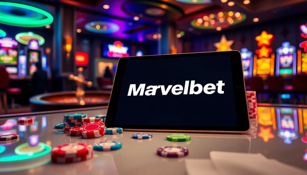 Marvelbet tablet screen showcasing online gambling excitement with poker chips and roulette wheel.
