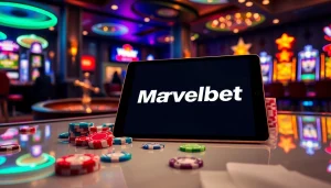 Marvelbet tablet screen showcasing online gambling excitement with poker chips and roulette wheel.